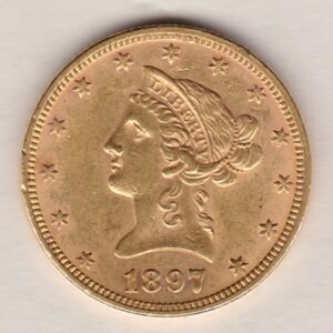 1897 USA Gold Ten Dollars coin featuring the bust of Liberty surrounded by 13 stars on the Obverse and the eagle on an olive branch on the Reverse.