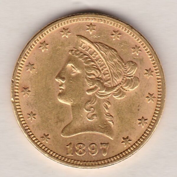 1897 USA Gold Ten Dollars coin featuring the bust of Liberty surrounded by 13 stars on the Obverse and the eagle on an olive branch on the Reverse.