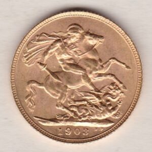 1903 Gold Sovereign Coin. The coin features King Edward VII on the Obverse. St George and the dragon on the reverse. London Mint.