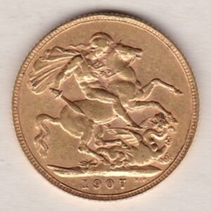 1907 Gold Sovereign Coin. The coin features King Edward VII on the Obverse. St George and the dragon on the reverse. London Mint.