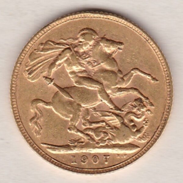 1907 Gold Sovereign Coin. The coin features King Edward VII on the Obverse. St George and the dragon on the reverse. London Mint.