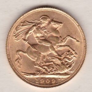 1909 Gold Sovereign Coin. The coin features King Edward VII on the Obverse. St George and the dragon on the reverse. London Mint.