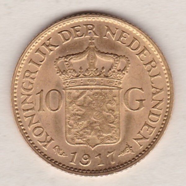 1917 Netherlands Gold Ten Gulden coin. The obverse features the portrait of Queen Wilhelmina. The reverse features the crowned lion.