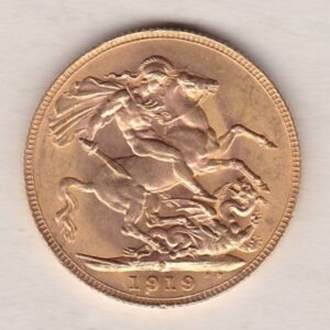 1919 P Gold Sovereign Coin. The coin features King George V on the Obverse. St George and the dragon on the reverse. The P - Perth, Australia mintmark.