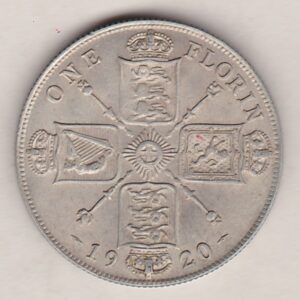 1920 Silver Florin coin. The portrait of King George V on the Obverse. The crowned cruciform shields around central Garter star on the reverse.