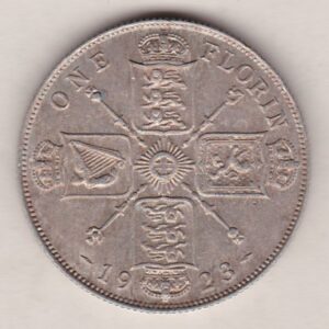 1923 Silver Florin coin. The portrait of King George V on the Obverse. The crowned cruciform shields around central Garter star on the reverse.