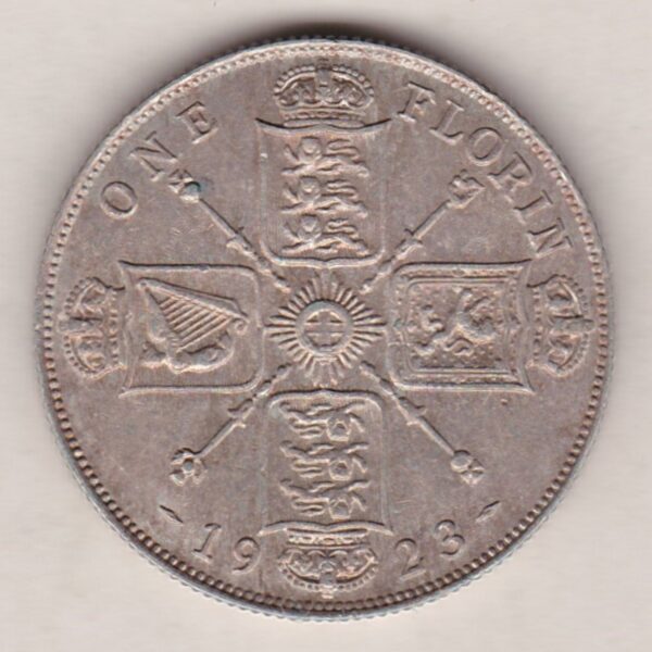 1923 Silver Florin coin. The portrait of King George V on the Obverse. The crowned cruciform shields around central Garter star on the reverse.