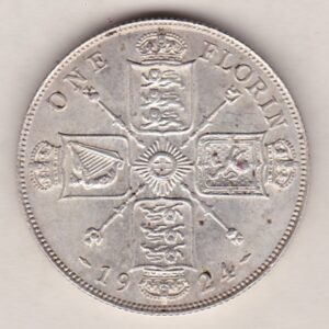 1924 Silver Florin coin. The portrait of King George V on the Obverse. The crowned cruciform shields around central Garter star on the reverse.