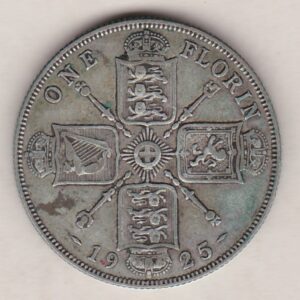 1925 Silver Florin coin. The portrait of King George V on the Obverse. The crowned cruciform shields around central Garter star on the reverse.