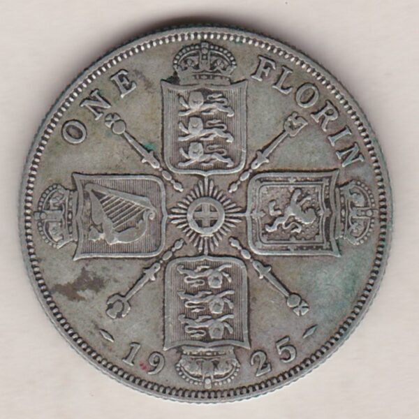 1925 Silver Florin coin. The portrait of King George V on the Obverse. The crowned cruciform shields around central Garter star on the reverse.