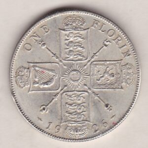 1926 Silver Florin coin. The portrait of King George V on the Obverse. The crowned cruciform shields around central Garter star on the reverse.