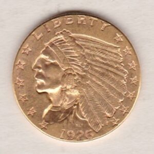 1926 USA Two And A Half Dollars Gold coin featuring the Indian head design on the Obverse. The eagle on the Reverse. Philadelphia.