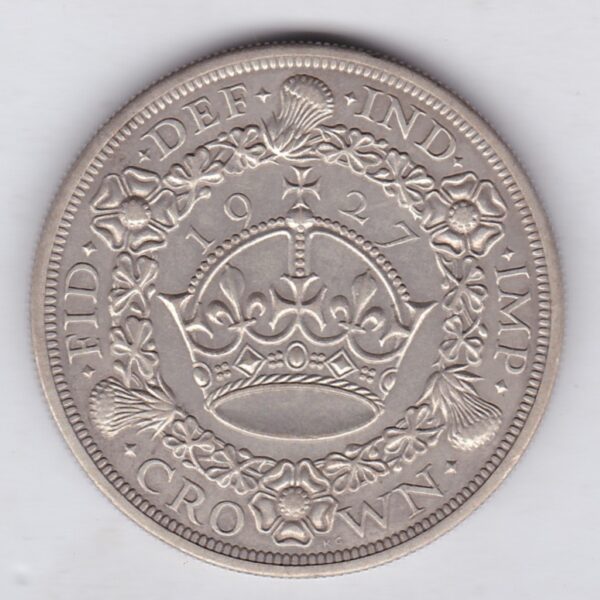 1927 Silver Proof Crown Coin featuring King George V on the Obverse and the wreath design on the reverse. The coin is in very fine condition.