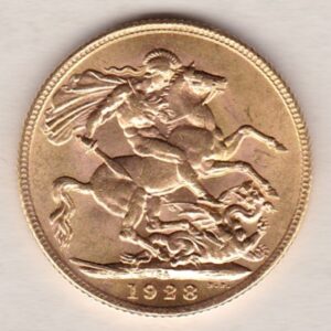 1928 SA Gold Sovereign Coin. The coin features King George V on the Obverse. St George and the dragon on the reverse. The SA Pretoria South Africa mintmark.