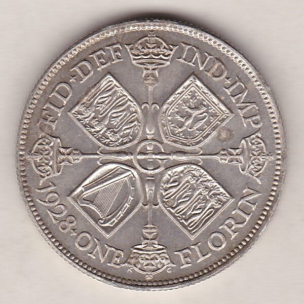 1928 Silver Florin coin. The portrait of King George V on the Obverse. The cruciform crowned sceptres around central G on the reverse.