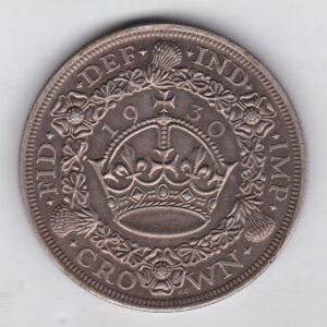 1930 Silver Crown Coin featuring King George V on the Obverse and the wreath design on the reverse. The coin is in extremely fine condition.