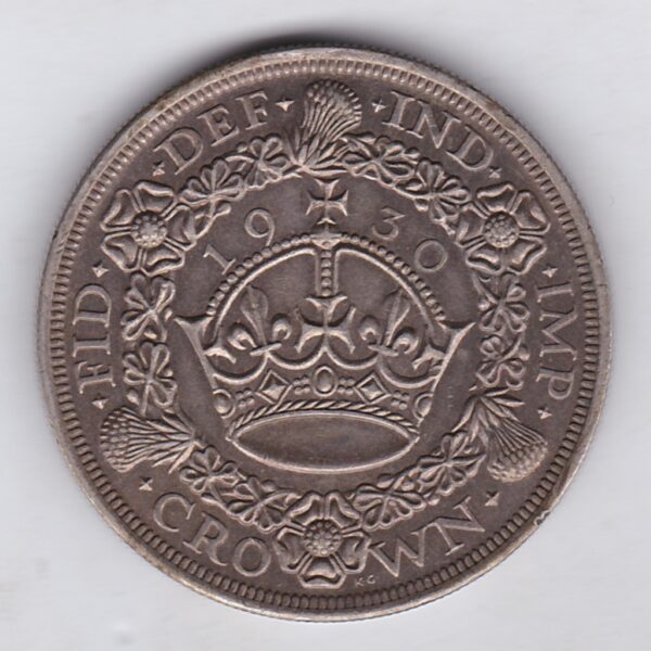 1930 Silver Crown Coin featuring King George V on the Obverse and the wreath design on the reverse. The coin is in extremely fine condition.