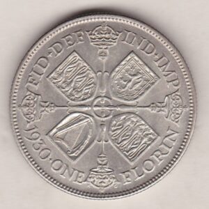 1930 Silver Florin coin. The portrait of King George V on the Obverse. The cruciform crowned sceptres around central G on the reverse.