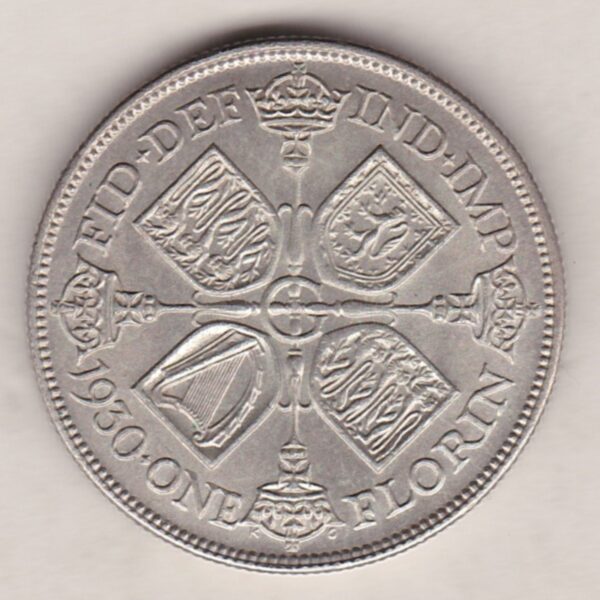 1930 Silver Florin coin. The portrait of King George V on the Obverse. The cruciform crowned sceptres around central G on the reverse.