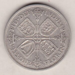 1932 Silver Florin coin. The portrait of King George V on the Obverse. The cruciform crowned sceptres around central G on the reverse.