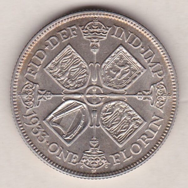 1933 Silver Florin coin. The portrait of King George V on the Obverse. The cruciform crowned sceptres around central G on the reverse.