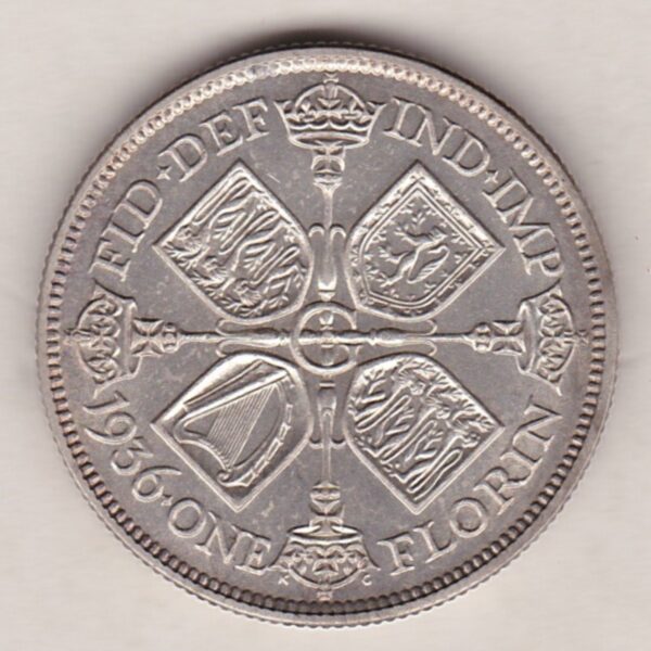 1936 Silver Florin coin. The portrait of King George V on the Obverse. The cruciform crowned sceptres around central G on the reverse.