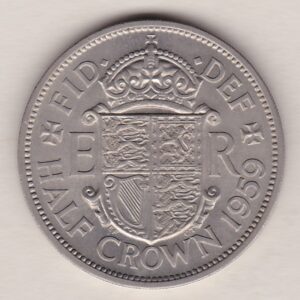 1959 Cupro Nickel Halfcrown featuring the laureate bust of Queen Elizabeth II on the Obverse. A crowned shield, denomination and date below on the Reverse.