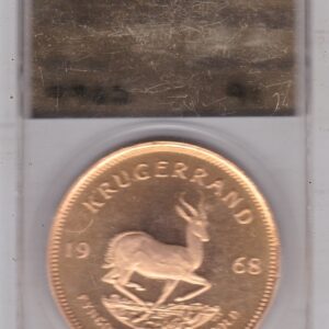 1968 South Africa Gold One Ounce Krugerrand. Investment one ounce gold coin featuring Paul Kruger on the Obverse. The springbok on the Reverse.