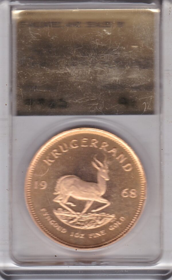 1968 South Africa Gold One Ounce Krugerrand. Investment one ounce gold coin featuring Paul Kruger on the Obverse. The springbok on the Reverse.