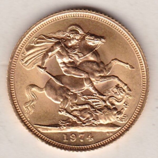 1974 Gold Sovereign Coin. This coin features the second portrait of Queen Elizabeth II on the obverse. St George and dragon on the reverse.