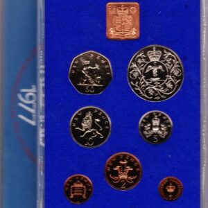 1977 Royal Mint Proof Set. This set contains seven coin. The set comes cased as issued by the Royal Mint. Coinage of Great Britain and Northern Ireland.