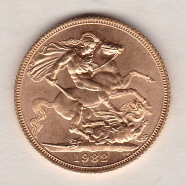 1982 Gold Sovereign Coin. This coin features the second portrait of Queen Elizabeth II on the obverse. St George and dragon on the reverse.