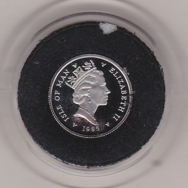 1985 Platinum Proof Tenth Ounce Isle Of Man Noble Coin. The coin features Queen Elizabeth II on the obverse and a Viking boat on the reverse.