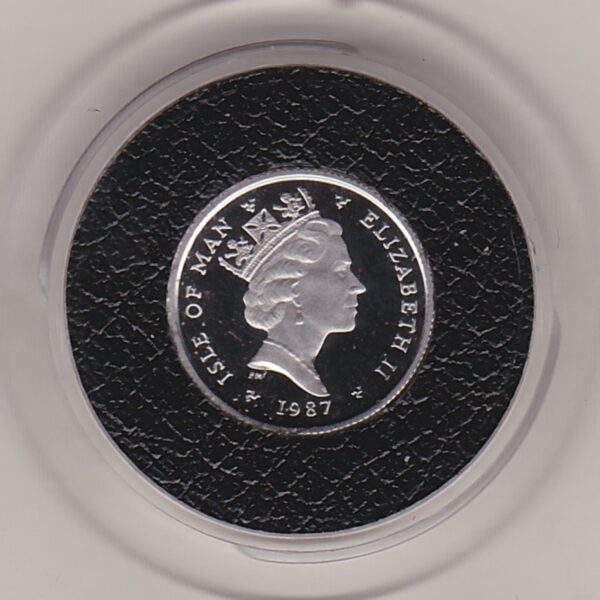 1987 Platinum Proof Tenth Ounce Isle Of Man Noble Coin. The coin features Queen Elizabeth II on the obverse and a Viking boat on the reverse.