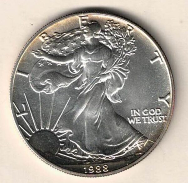 1988 Silver USA One Ounce Eagle. The liberty is on the obverse, The eagle is on the reverse. The coin contains one ounce of 999 fine silver.