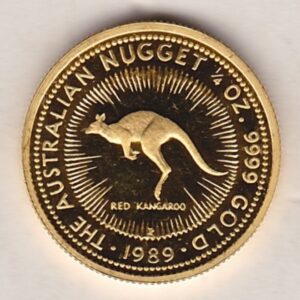 1989 Gold Australia Quarter Ounce Kangaroo coin. This investment gold coin features Queen Elizabeth II on the Obverse. The kangaroo on the Reverse.