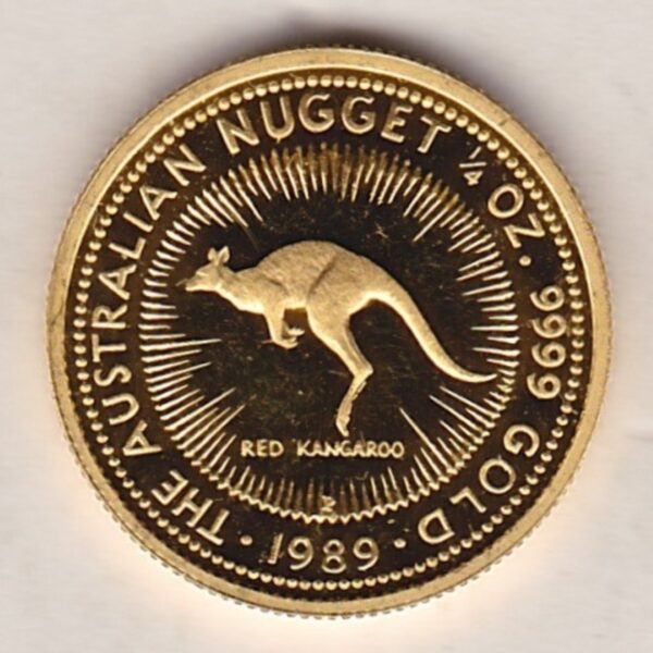 1989 Gold Australia Quarter Ounce Kangaroo coin. This investment gold coin features Queen Elizabeth II on the Obverse. The kangaroo on the Reverse.