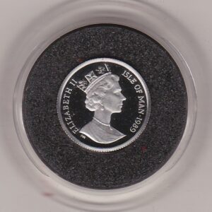 1989 Platinum Proof Tenth Ounce Isle Of Man Noble Coin. The coin features Queen Elizabeth II on the obverse and a Viking boat on the reverse.