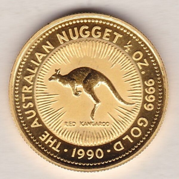 1990 Gold Australia Half Ounce Kangaroo coin. Investment half ounce gold coin featuring Queen Elizabeth II on the Obverse. The kangaroo on the Reverse.