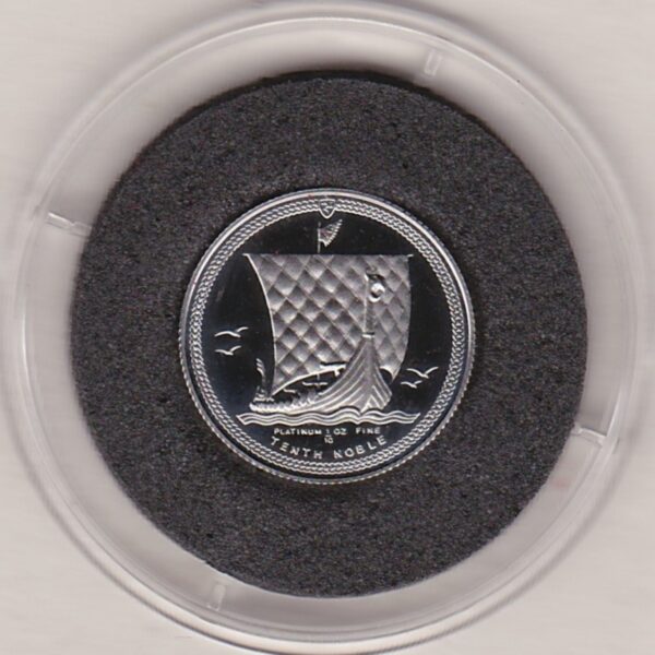 1993 Platinum Proof Tenth Ounce Isle Of Man Noble Coin. The coin features Queen Elizabeth II on the obverse and a Viking boat on the reverse.