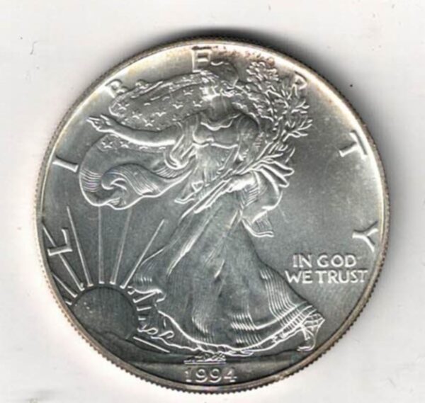 1994 Silver USA One Ounce Eagle. The liberty is on the obverse, The eagle is on the reverse. The coin contains one ounce of 999 fine silver.