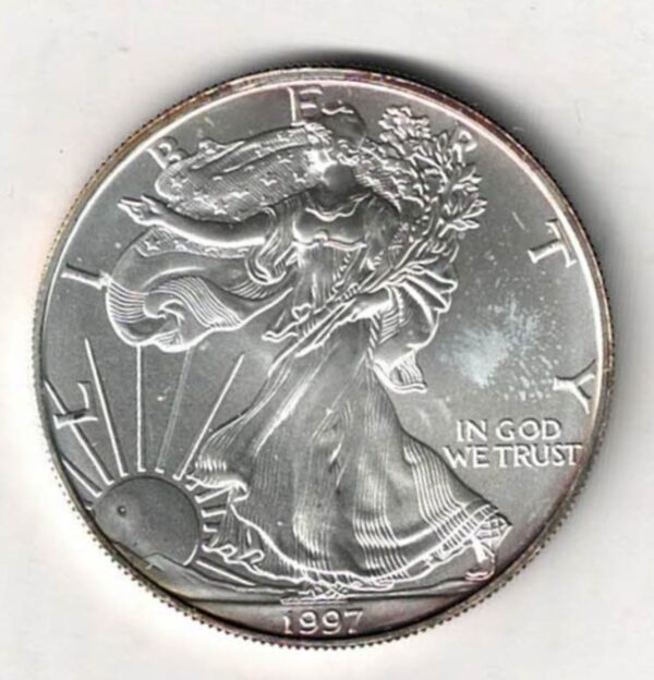 1997 Silver USA One Ounce Eagle. The liberty is on the obverse, The eagle is on the reverse. The coin contains one ounce of 999 fine si