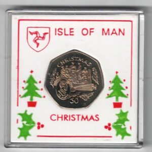 1997 Isle Of Man Christmas Fifty Pence cupro nickel coin featuring Queen Elizabeth II on the Obverse. The reverse features sitting & standing people.