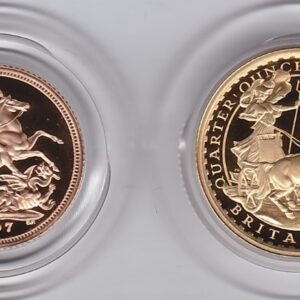 1997 Gold Proof Two Coin Set. The two coins are quarter ounce Britannia and half sovereign. This set comes boxed with certificates.