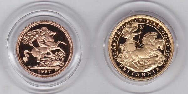 1997 Gold Proof Two Coin Set. The two coins are quarter ounce Britannia and half sovereign. This set comes boxed with certificates.