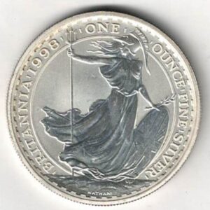 1998 Silver Britannia One Ounce Coin. The coin contains one ounce of fine silver. All of our silver coins have been pre-owned and are in stock