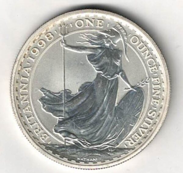 1998 Silver Britannia One Ounce Coin. The coin contains one ounce of fine silver. All of our silver coins have been pre-owned and are in stock