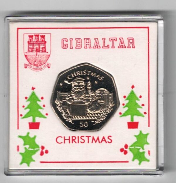 1998 Gibraltar Christmas Fifty Pence Coin. Featuring Queen Elizabeth II on the Obverse. Santa & a Chimney is on the Reverse.