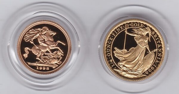 1998 Gold Proof Two Coin Set. The two coins are quarter ounce Britannia and half sovereign. This set comes boxed with certificates.