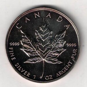 1999 Silver Canada One Ounce Maple. Elizabeth II is on the obverse, The Maple is on the reverse. The coin contains one ounce of 9999 fine silver.